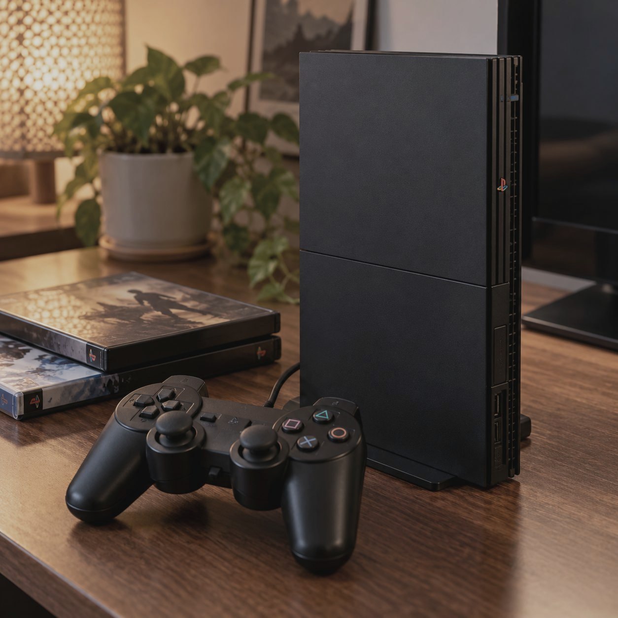 Retro PlayStation 2 style gaming console and controller